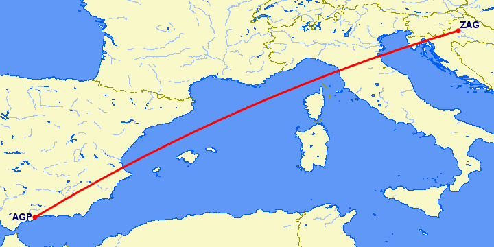 перелет Загреб — Малага на карте