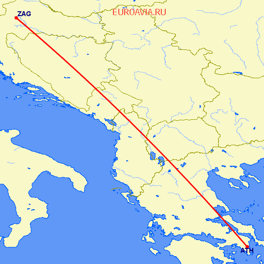 перелет Загреб — Афины на карте