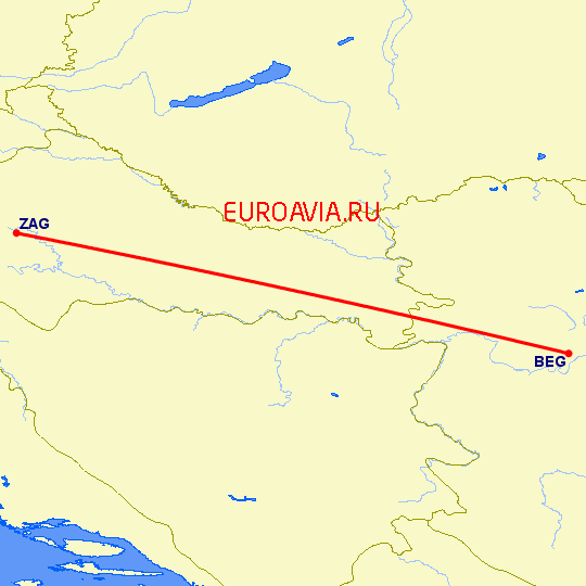 перелет Загреб — Белград на карте