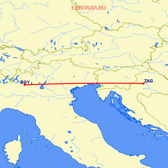 перелет Загреб — Бергамо на карте