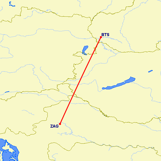 перелет Загреб — Братислава на карте
