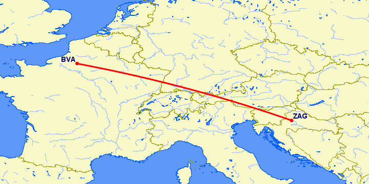 перелет Загреб — Париж на карте