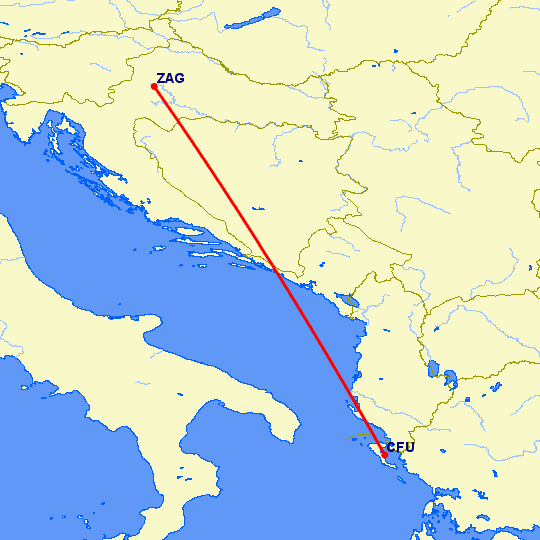перелет Загреб — Керкира на карте