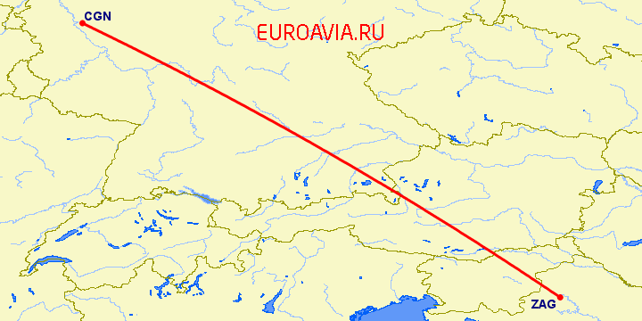 перелет Загреб — Кельн на карте