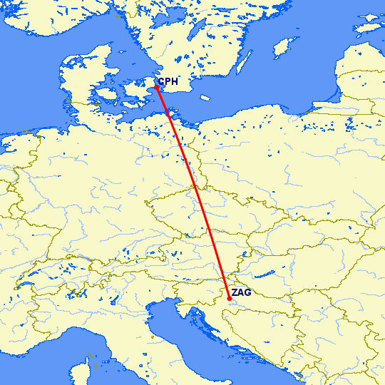 перелет Загреб — Копенгаген на карте