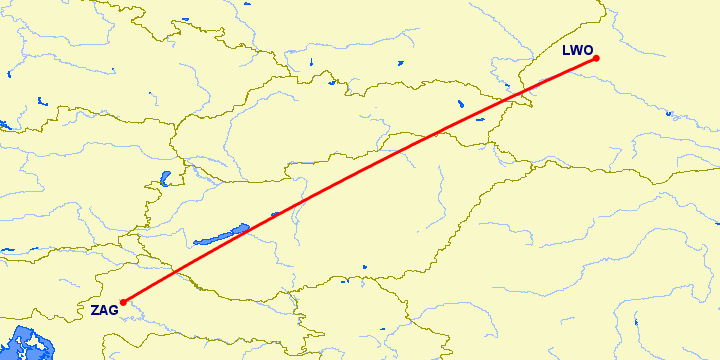 перелет Загреб — Львов на карте