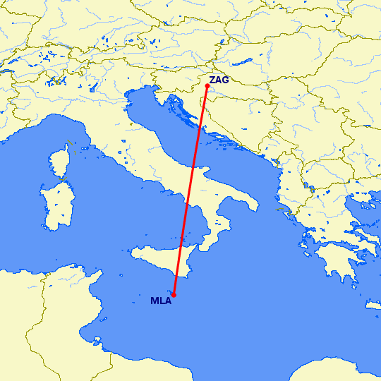 перелет Загреб — Мальта на карте