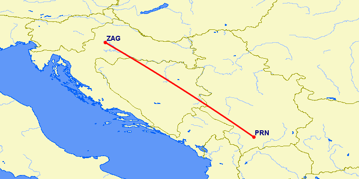 перелет Загреб — Приштина на карте