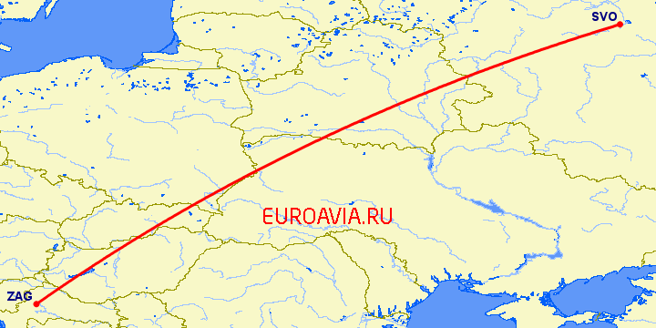 перелет Загреб — Москва на карте