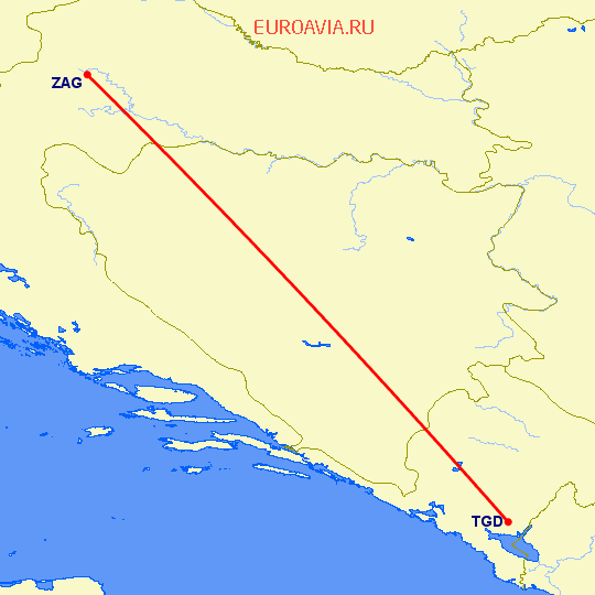 перелет Загреб — Подгорица на карте