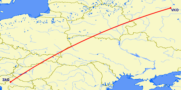 перелет Загреб — Москва на карте