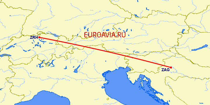 перелет Загреб — Цюрих на карте