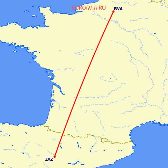 перелет Сарагоса — Париж на карте