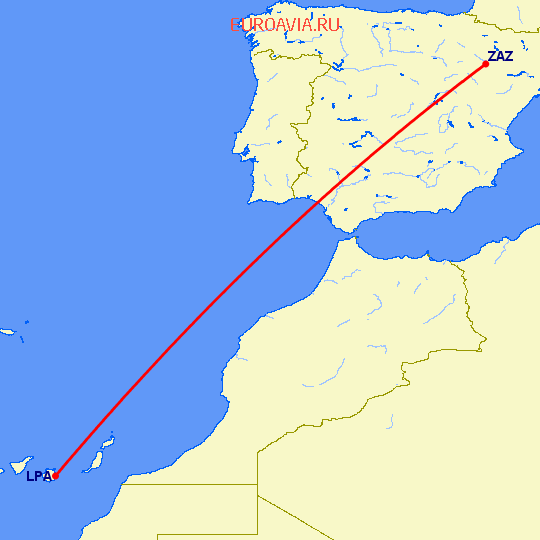 перелет Сарагоса — Лас Пальмас на карте