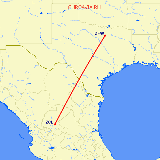 перелет Закатекас — Даллас на карте