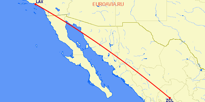 перелет Закатекас — Лос Анджелес на карте