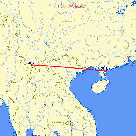 перелет Чжаньчзян — Цзиньхонг на карте