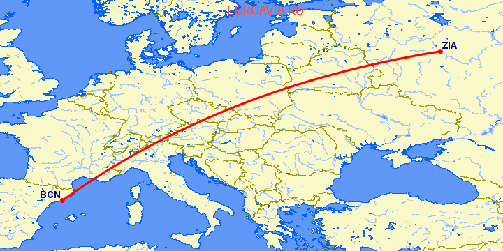 перелет Москва — Барселона на карте