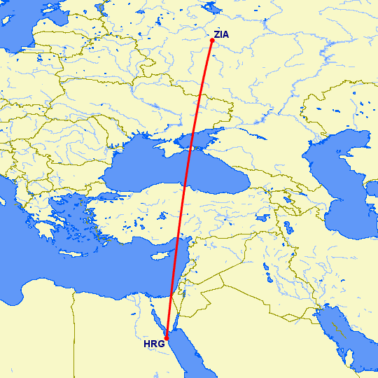перелет Москва — Хургада на карте