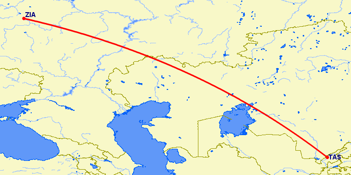перелет Москва — Ташкент на карте