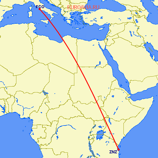 перелет Занзибар — Рим на карте