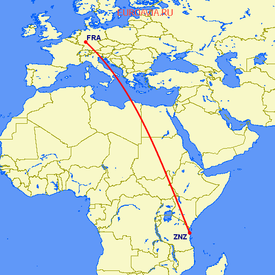 перелет Занзибар — Франкфурт на Майне на карте