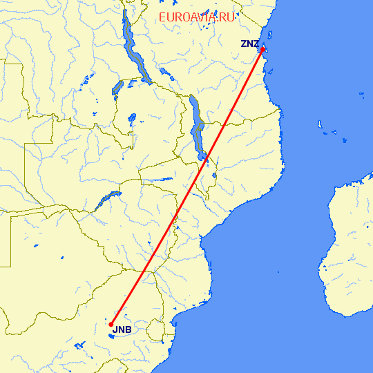 перелет Занзибар — Йоханнесбург на карте