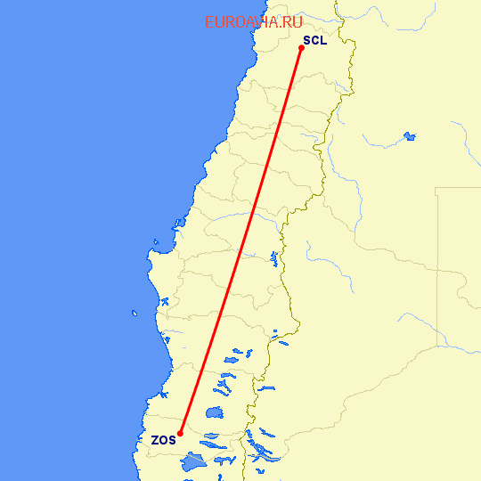 перелет Осорно — Сантьяго на карте