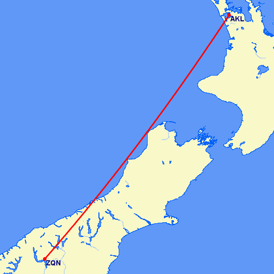 перелет Куинстаун — Окленд на карте