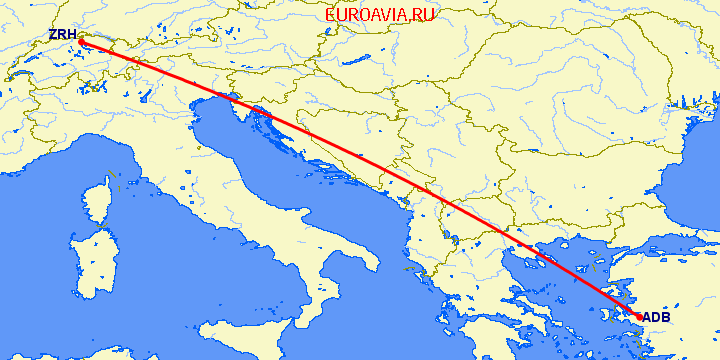 перелет Цюрих — Измир на карте