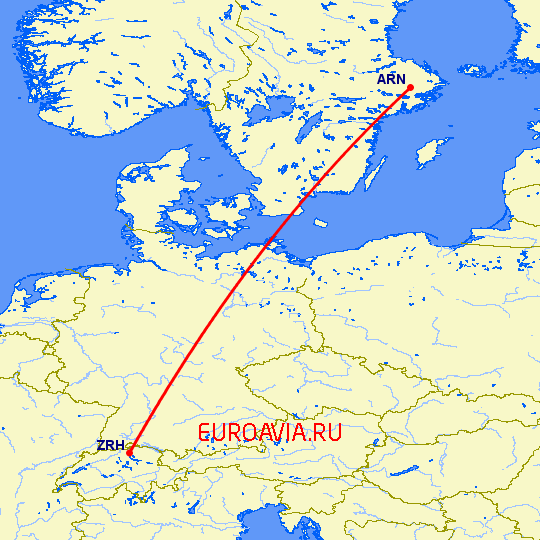 перелет Цюрих — Стокгольм на карте
