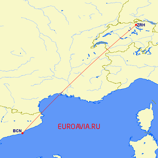 перелет Цюрих — Барселона на карте