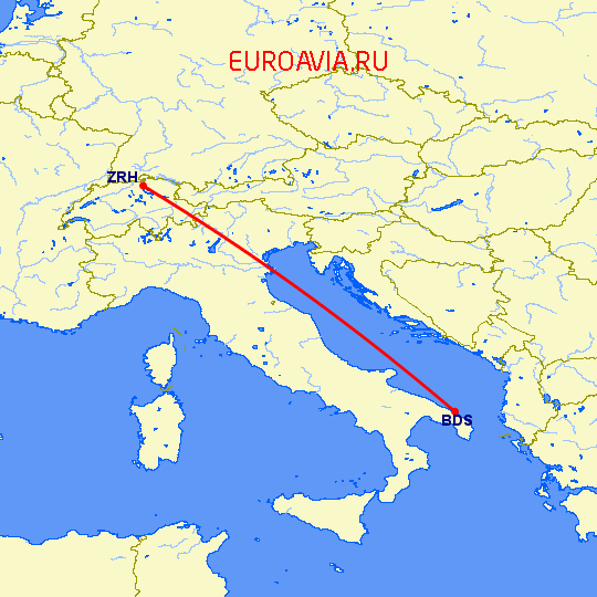 перелет Цюрих — Бриндизи на карте
