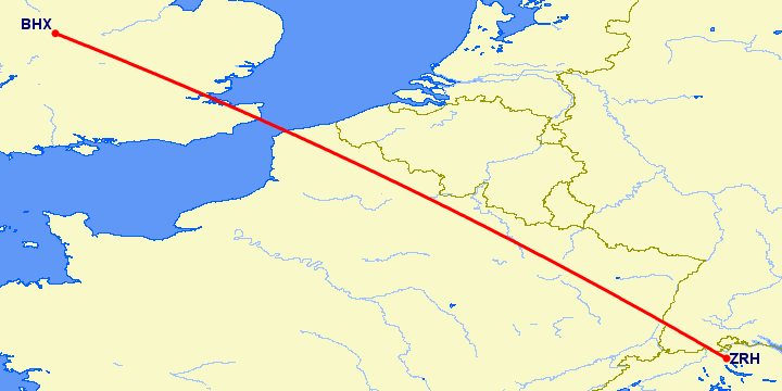 перелет Цюрих — Бирмингем на карте