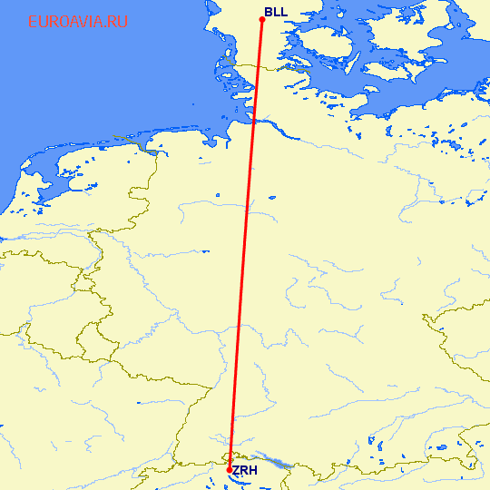 перелет Цюрих — Биллунд на карте