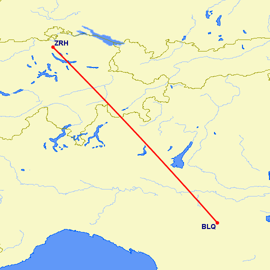 перелет Цюрих — Болонья на карте