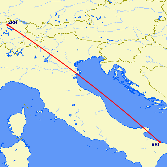 перелет Цюрих — Бари на карте