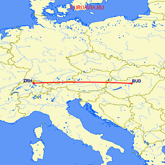перелет Цюрих — Будапешт на карте
