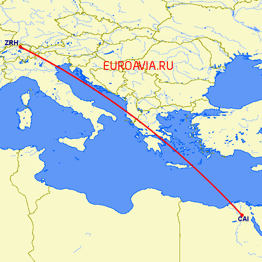 перелет Цюрих — Каир на карте