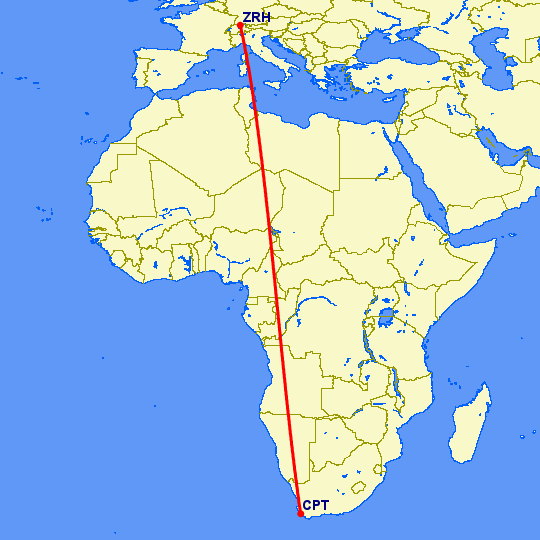 перелет Цюрих — Кейптаун на карте