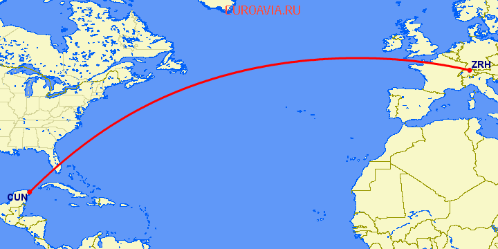 перелет Цюрих — Канкун на карте