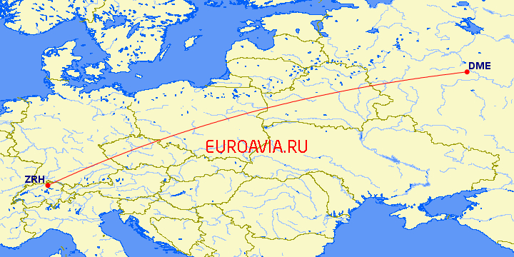 перелет Цюрих — Москва на карте