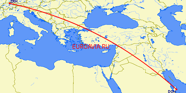 перелет Цюрих — Доха на карте