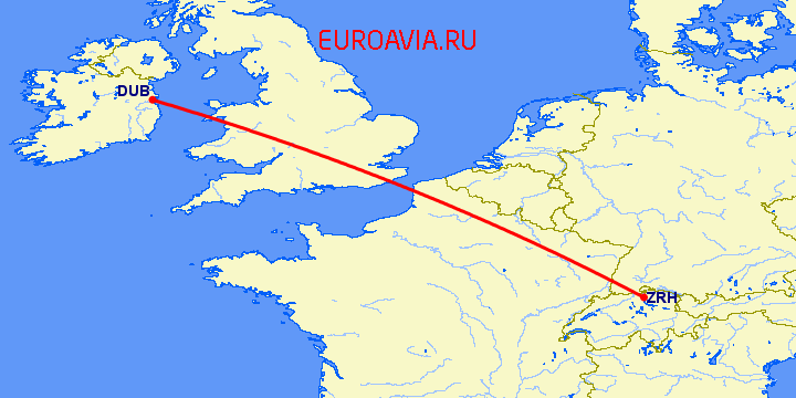 перелет Цюрих — Дублин на карте