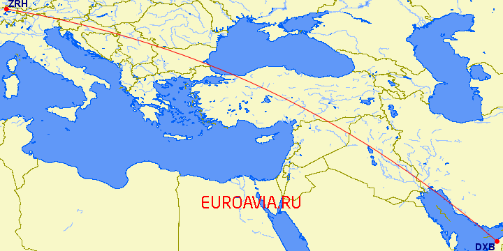 перелет Цюрих — Дубай на карте