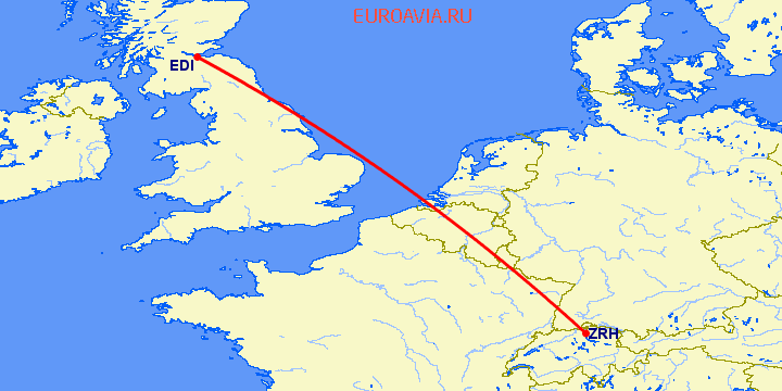 перелет Цюрих — Эдинбург на карте