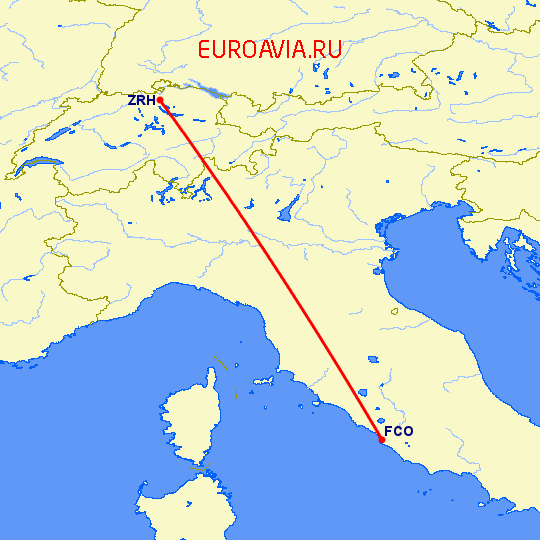 перелет Цюрих — Рим на карте