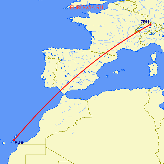 перелет Цюрих — Пуэрто дель Росарио на карте