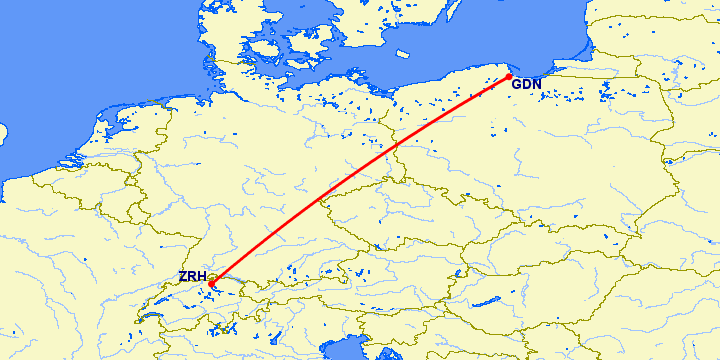 перелет Цюрих — Гданьск на карте
