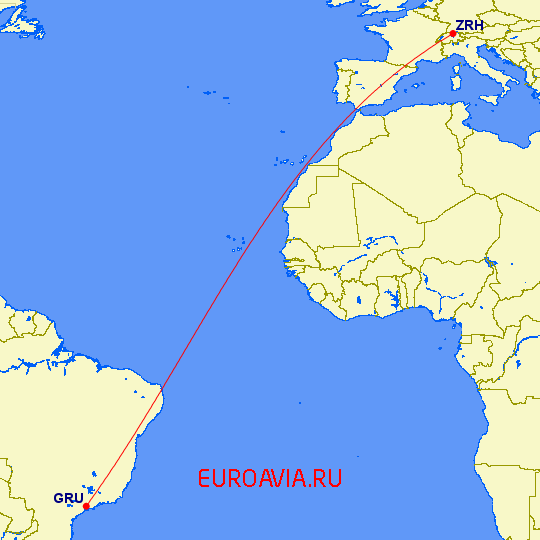 перелет Цюрих — Сан Паулу на карте
